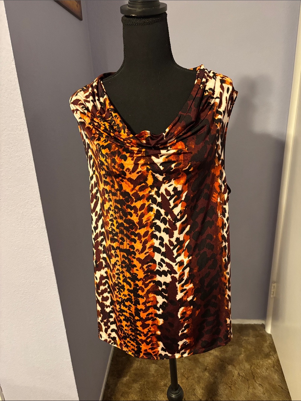 Dana Buchman Sleeveless Cowl Neck Animal Print Top - Orange Multi
